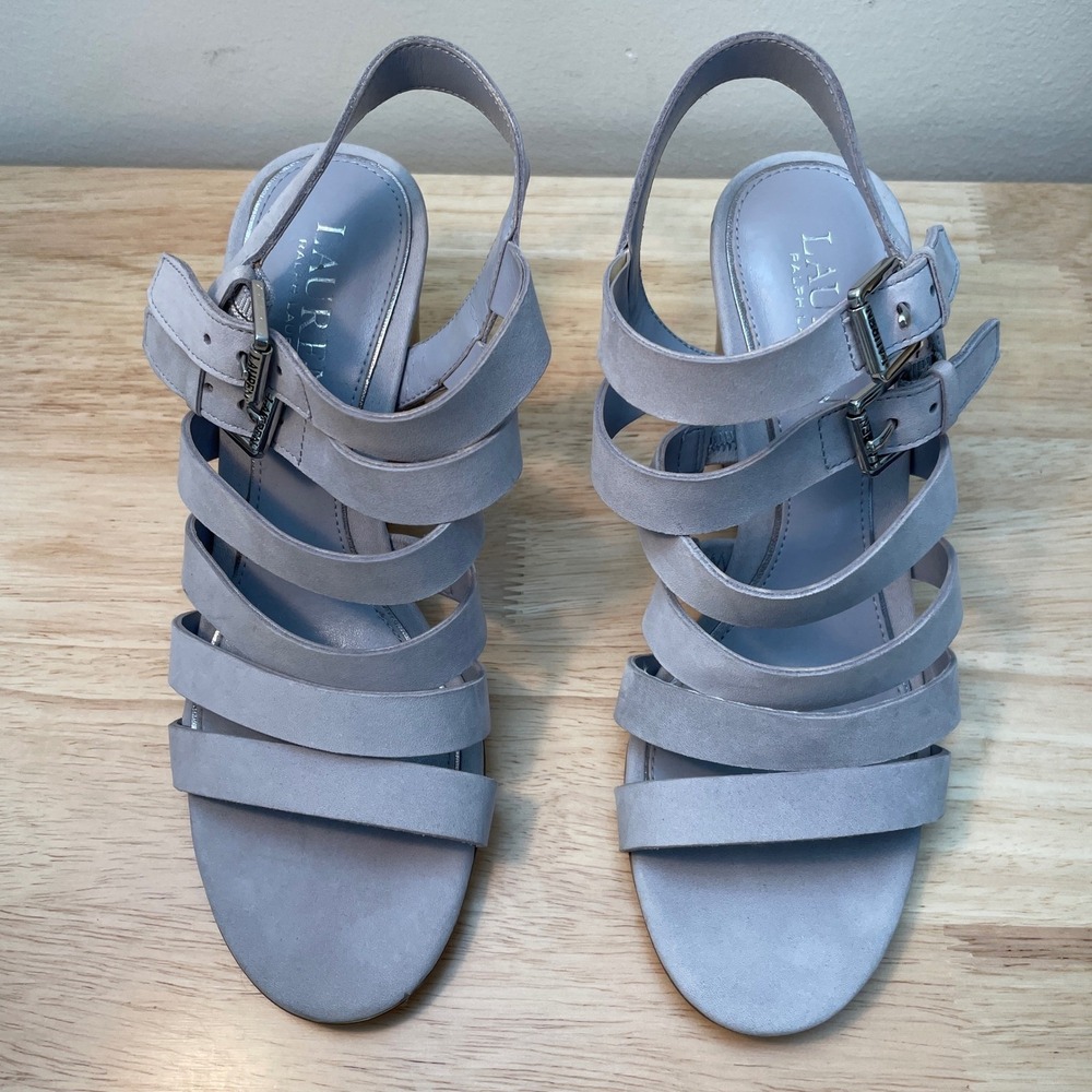Lauren Ralph Lauren Aleigh Strappy Suede‎ Wedge Sandals Grey Lavender 6.5B
